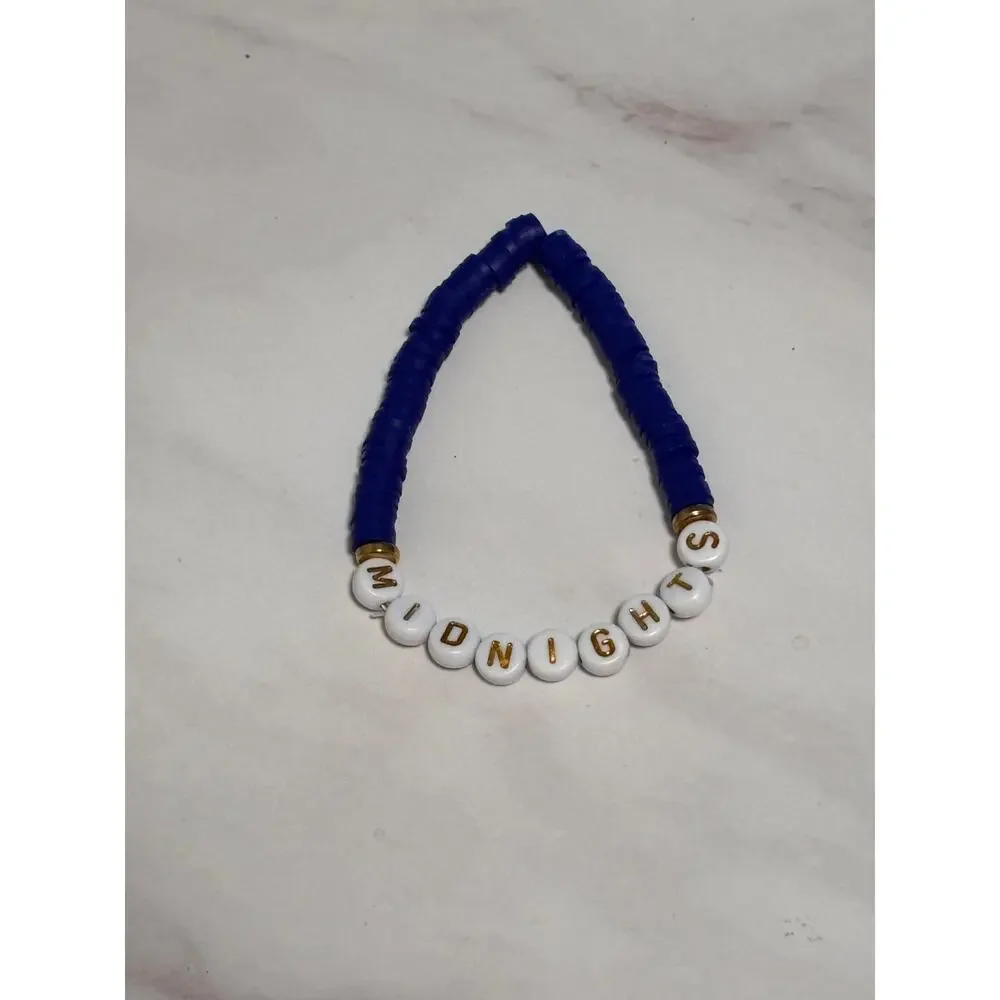 Midnight Blue Heishi Word Bracelet 7 Inch Polymer Clay White Gold Letter Beads